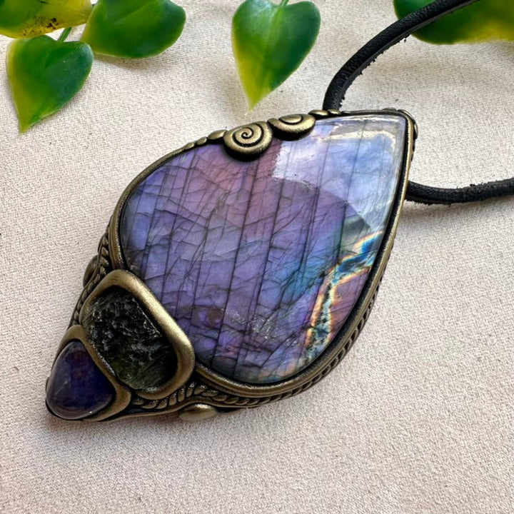 Gorgeous Large Purple Labradorite with Moldavite and Tanzanite Pendant Necklace, Handmade Spiritual Jewelry - FairyGardenGlow