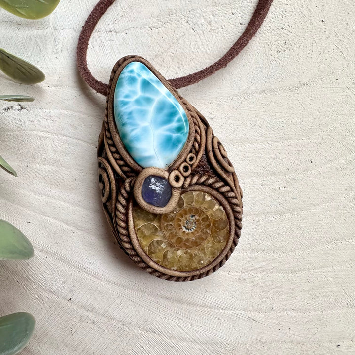 One of a kind larimar ammonite gemstone necklace