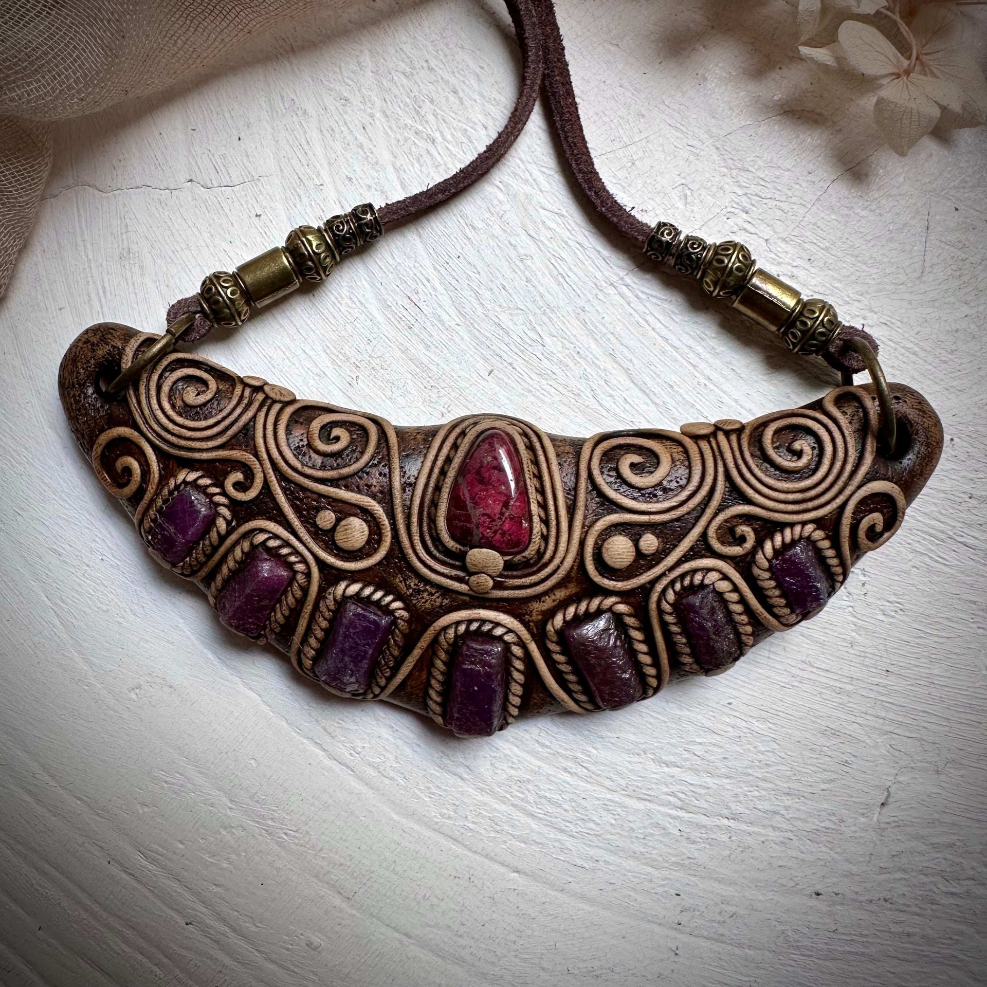 Thulite and Ruby Statement Necklace - FairyGardenGlow