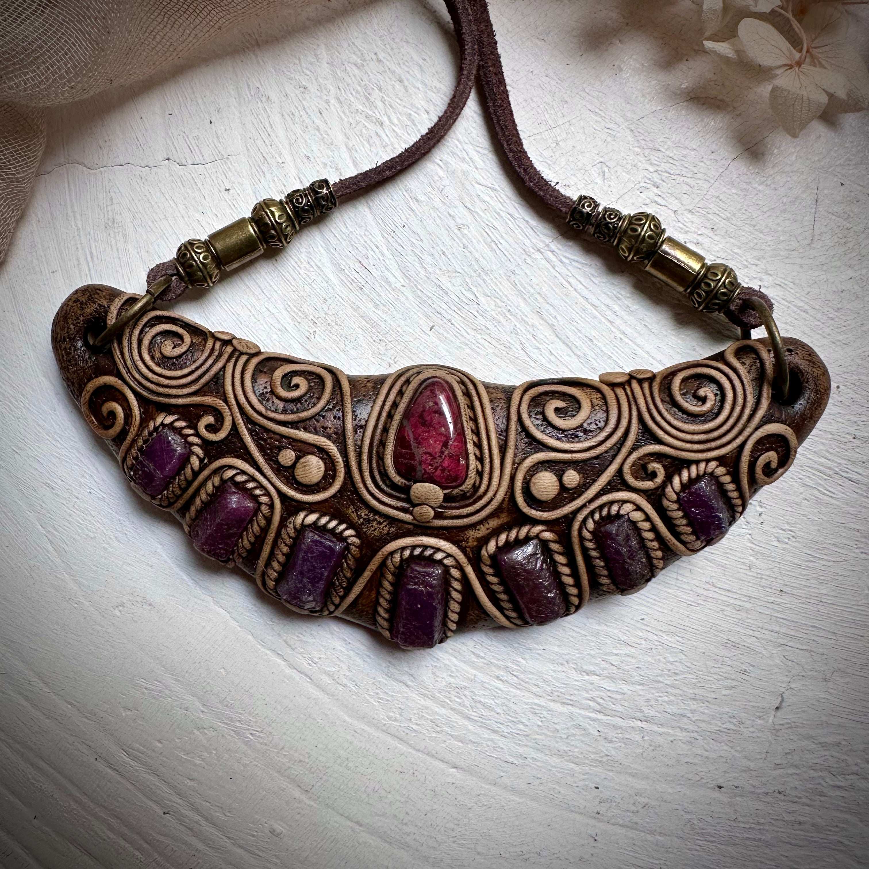 Thulite and Ruby Statement Necklace - FairyGardenGlow