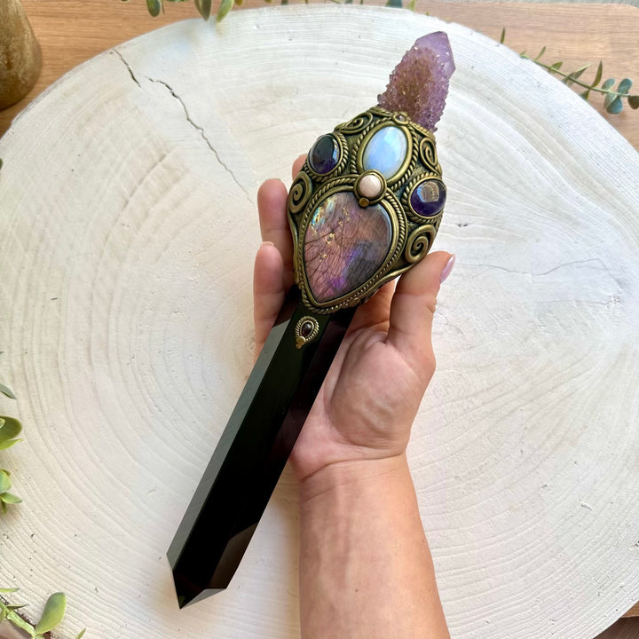 XL witch crystal wand made with genuine Black Obsidian, Labradorite and Rainbow Moonstone crystals.