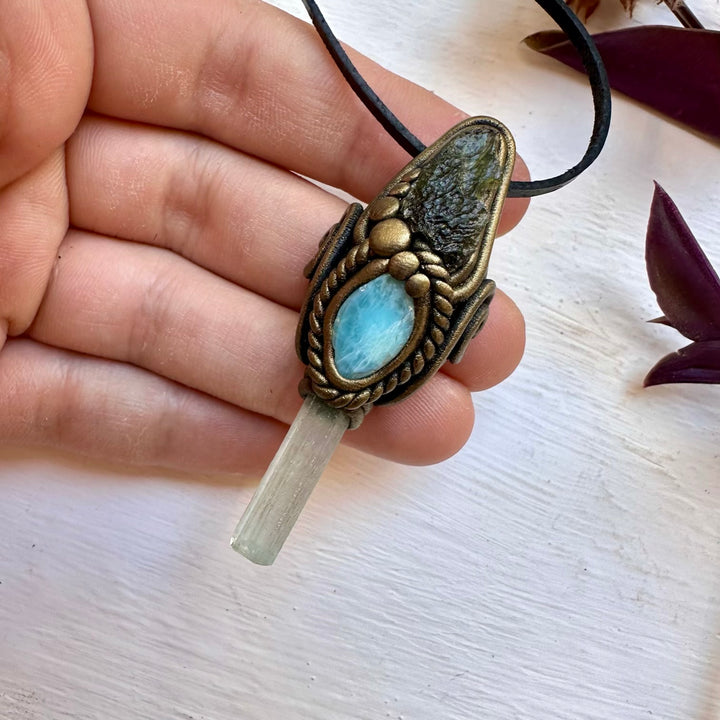 Aquamarine Larimar and Moldavite Necklace - FairyGardenGlow