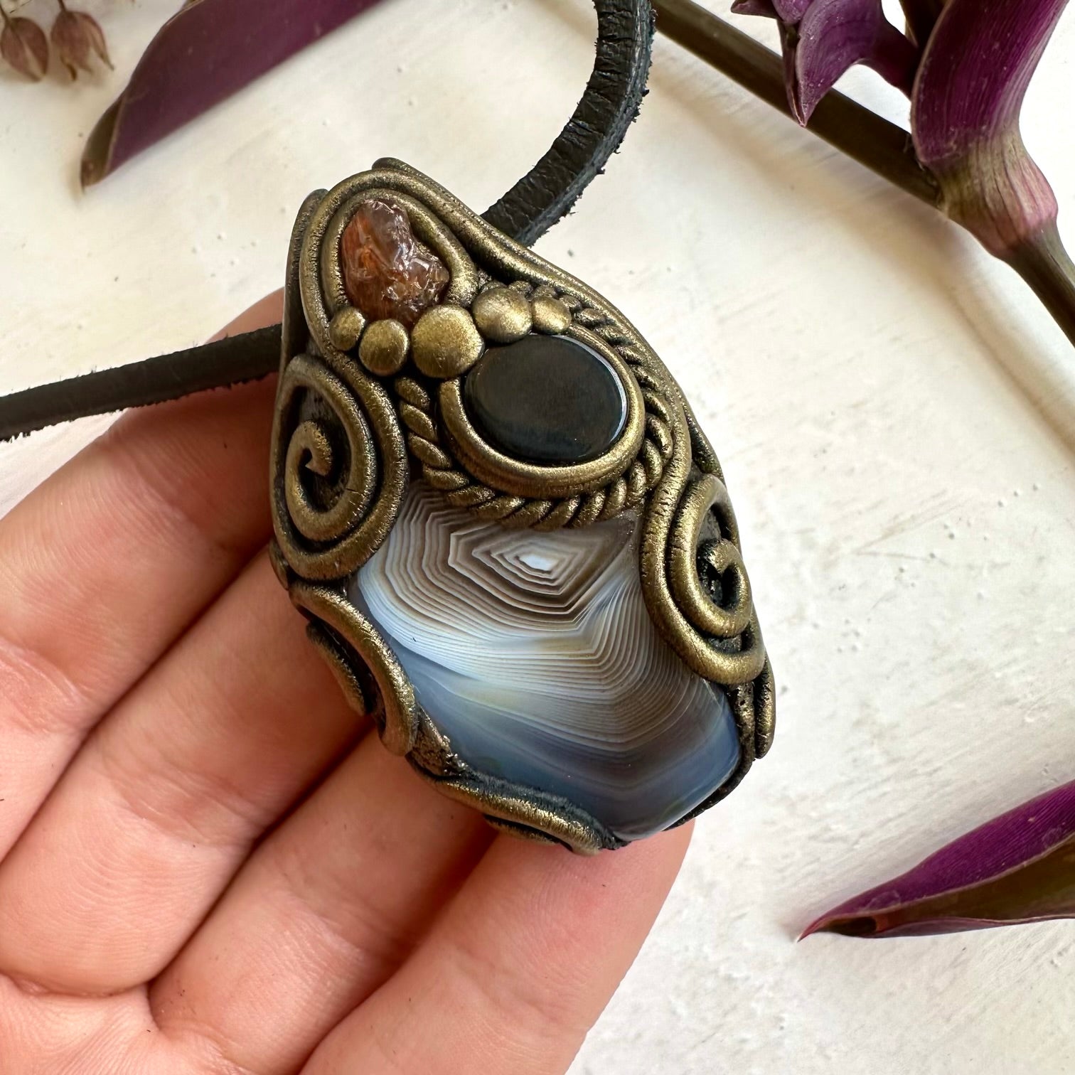 Botswana Agate Black Onyx and Hessonite Garnet Pendant Necklace - FairyGardenGlow