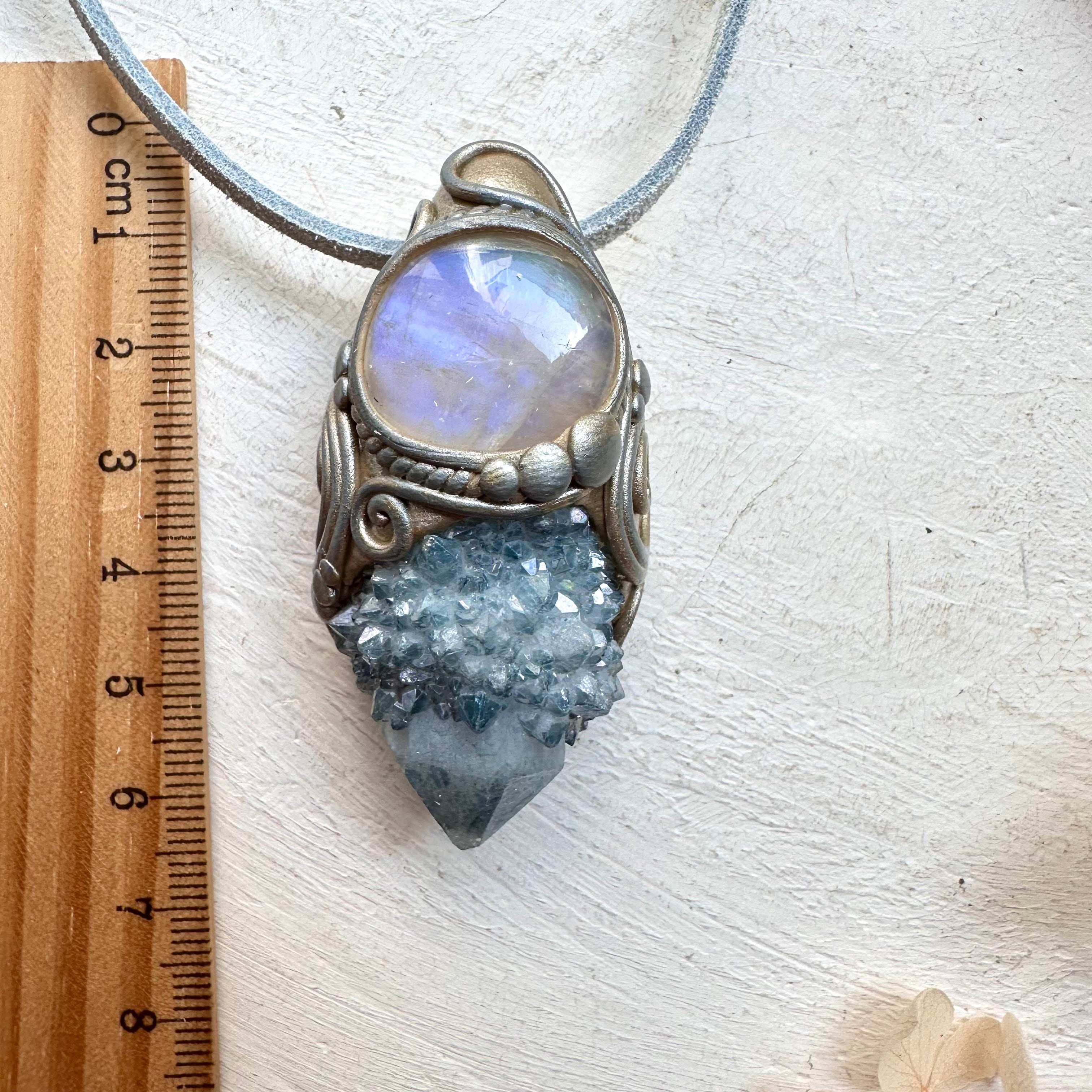 Aqua Aura Spirit Quartz and Moonstone Necklace - FairyGardenGlow