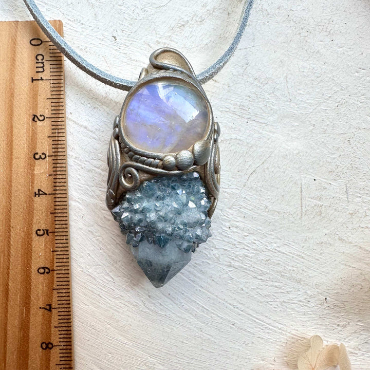 Aqua Aura Spirit Quartz and Moonstone Necklace - FairyGardenGlow