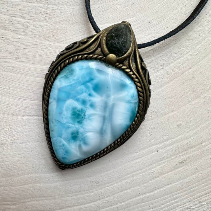 Large Larimar and Moldavite Pendant Necklace, Healing Crystal Jewelry FairyGardenGlow