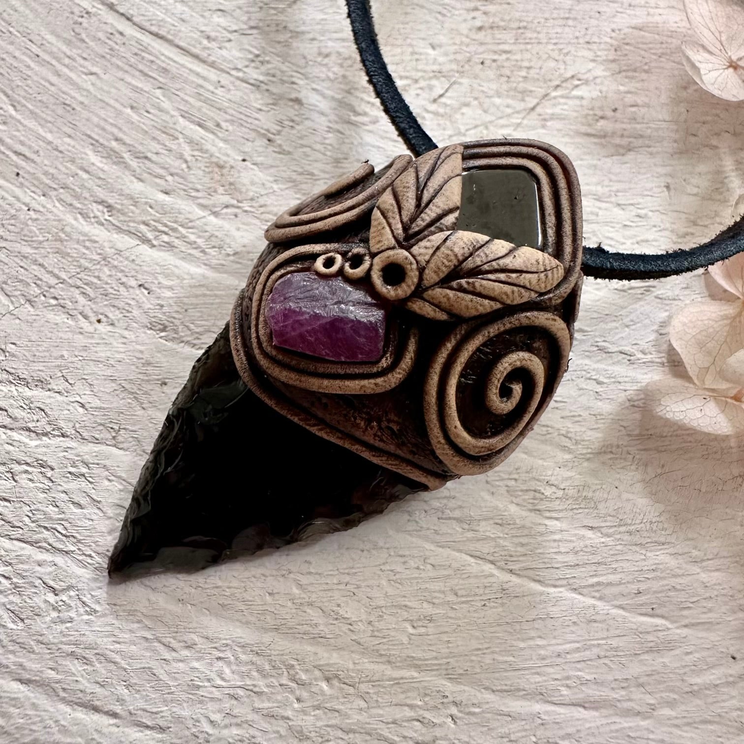 Black Obsidian Arrowhead Ruby and Dravite Pendant Necklace - FairyGardenGlow