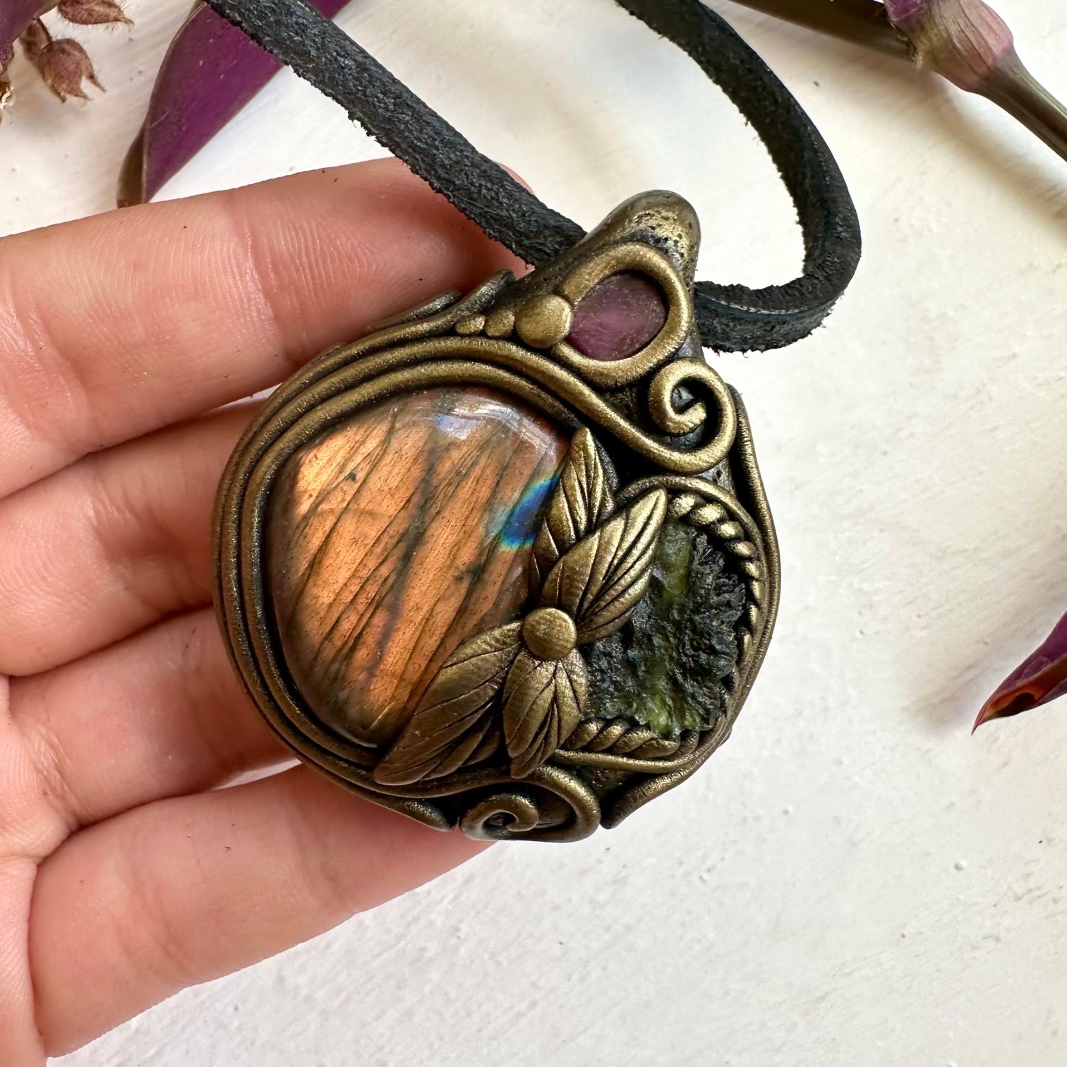 Labradorite Moldavite and Ruby Necklace - FairyGardenGlow