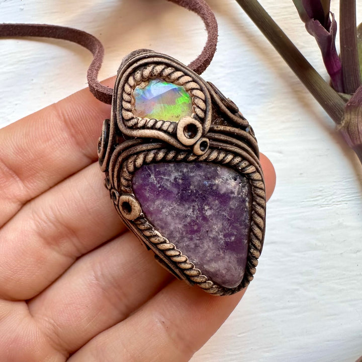 Lepidolite and Raw Opal Necklace - FairyGardenGlow