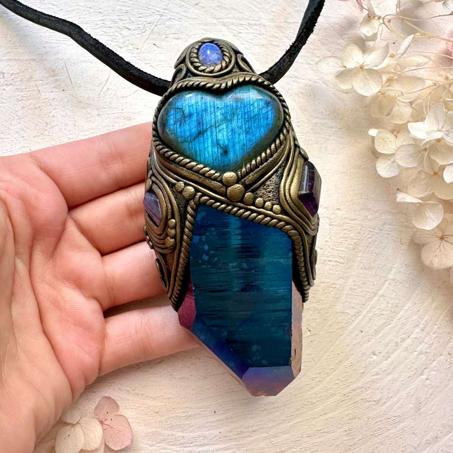Cobalt Aura Quartz, Blue Labradorite Heart, Tanzanite, Amethyst and Australian Opal Crystal Wand / Unique Crystal Pendant - FairyGardenGlow
