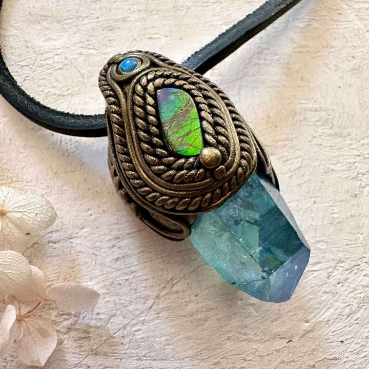 Aqua Aura Quartz Ammolite and Australian Opal Pendant Necklace - FairyGardenGlow