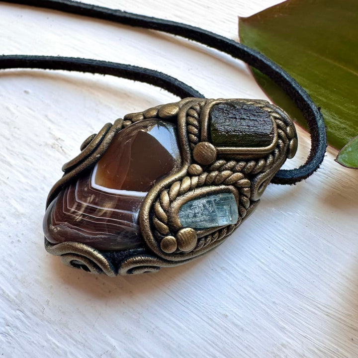 Botswana Agate Aquamarine and Moldavite Necklace, Handmade Crystal Jewelry - FairyGardenGlow