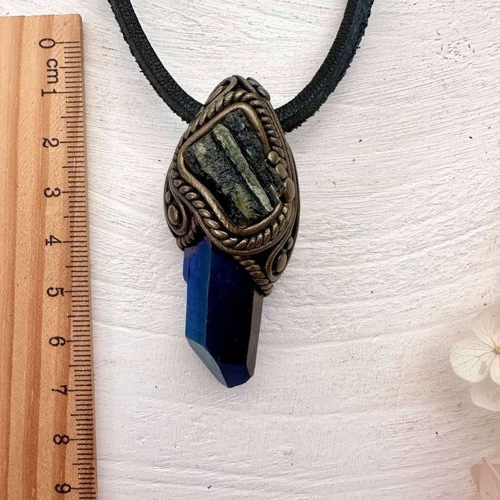 Cobalt Aura Quartz and Moldavite Pendant Necklace - FairyGardenGlow