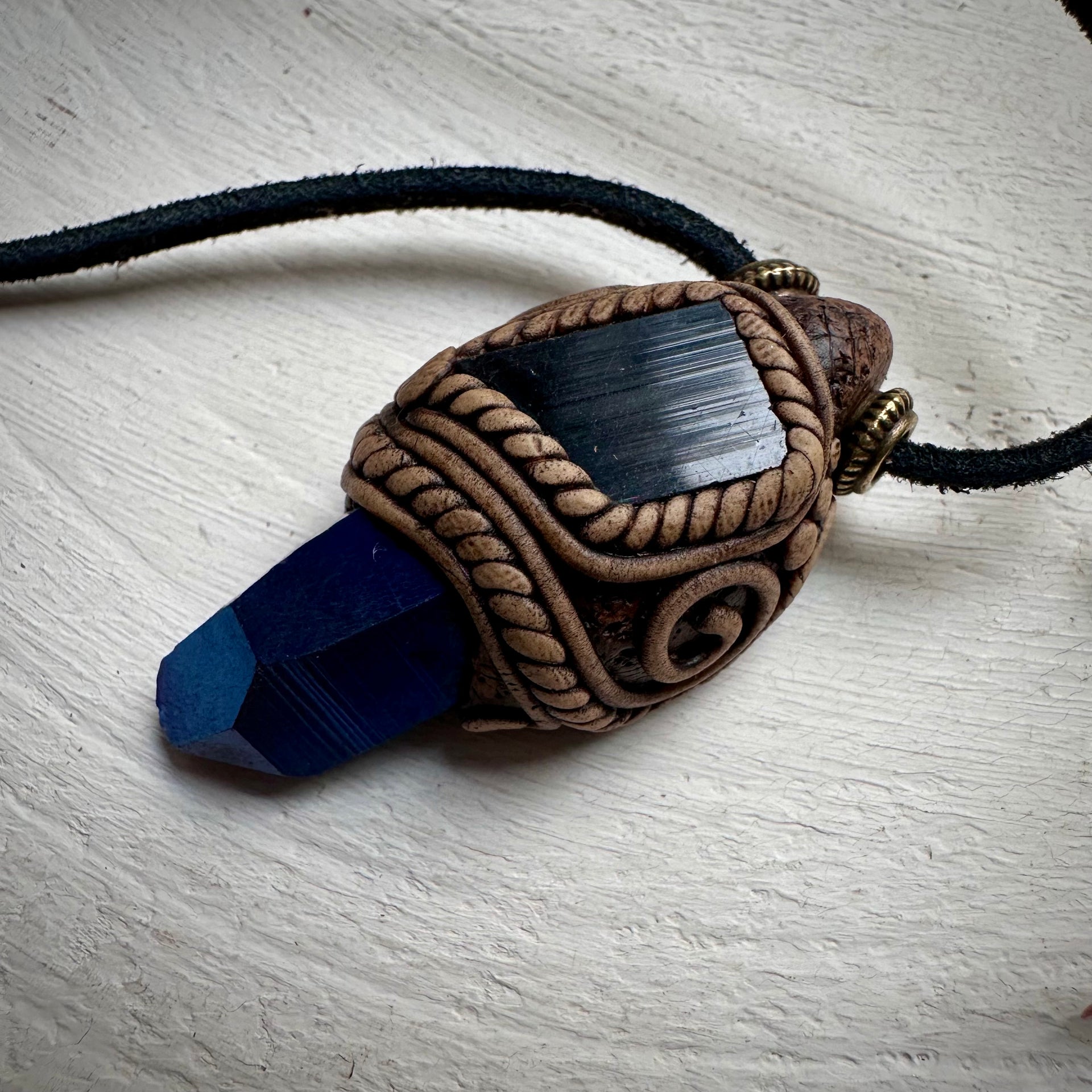 Cobalt Aura Quartz and Black Tourmaline Pendant Necklace