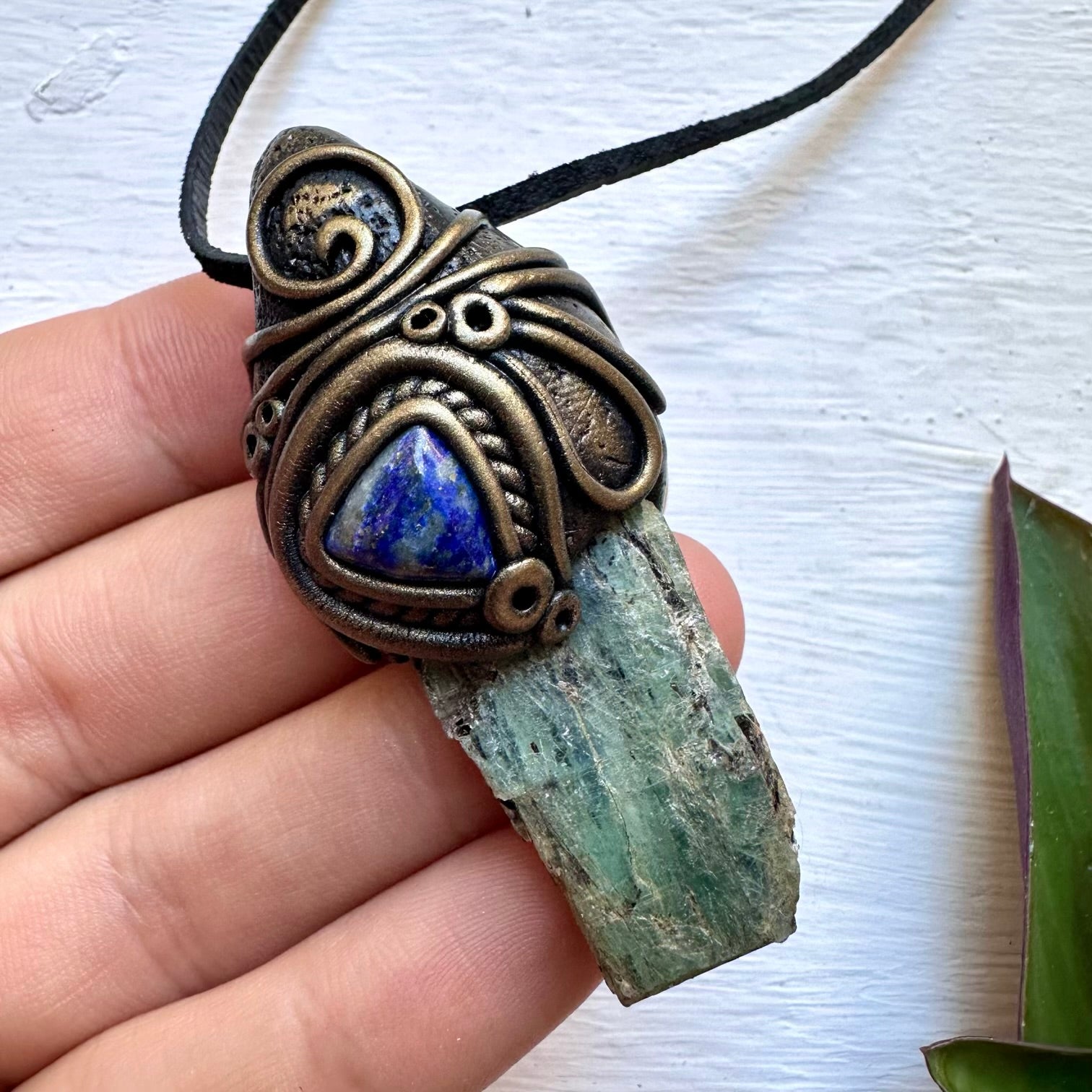 Green Kyanite and Lapis Lazuli Necklace, Handmade Crystal Pendant