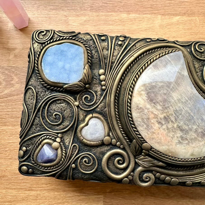 Handmade Wooden Box with Crystals – Moonstone Moon, Blue Chalcedony, Rose Quartz, Tanzanite, Charoite & Aqua Aura Spirit Quartz - FairyGardenGlow