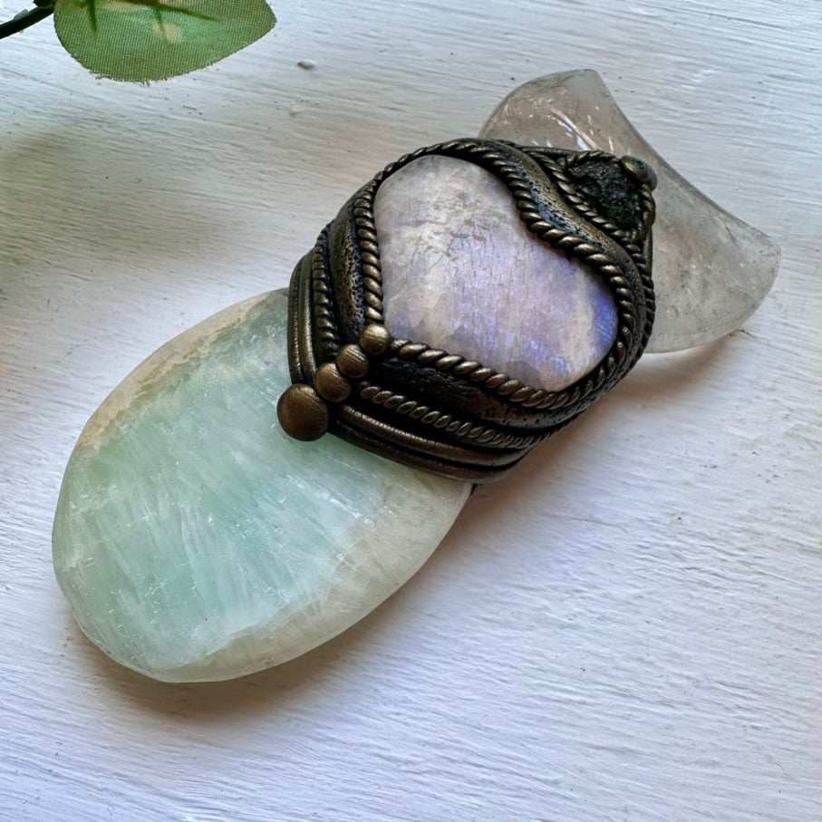 Handmade Crystal Wand with Pistachio Calcite Clear Quartz Moon Moldavite Moonstone Heart and Emerald - FairyGardenGlow
