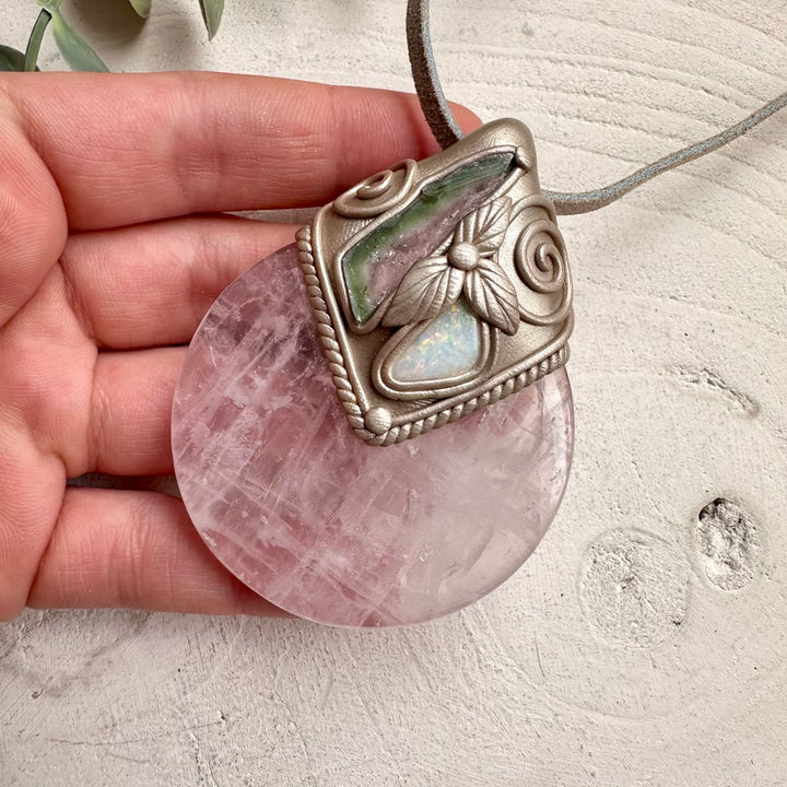 Spiritual jewelry combining rose quartz watermelon tourmaline and opal