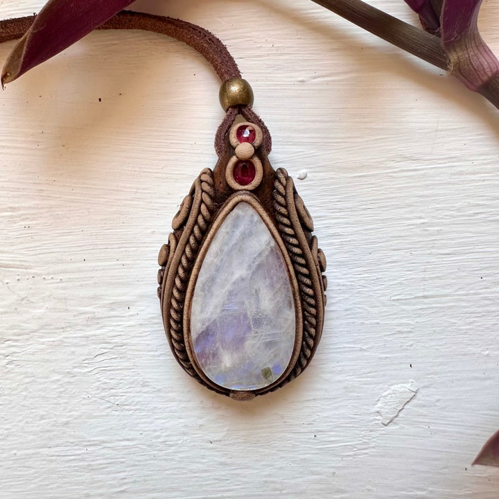 Rainbow Moonstone and Ruby Necklace - FairyGardenGlow
