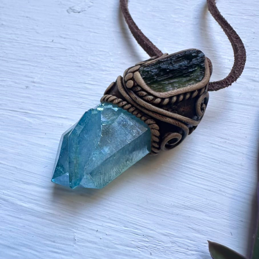 Aqua Aura Quartz and Moldavite Pendant Necklace - FairyGardenGlow
