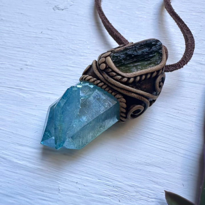Aqua Aura Quartz and Moldavite Pendant Necklace - FairyGardenGlow