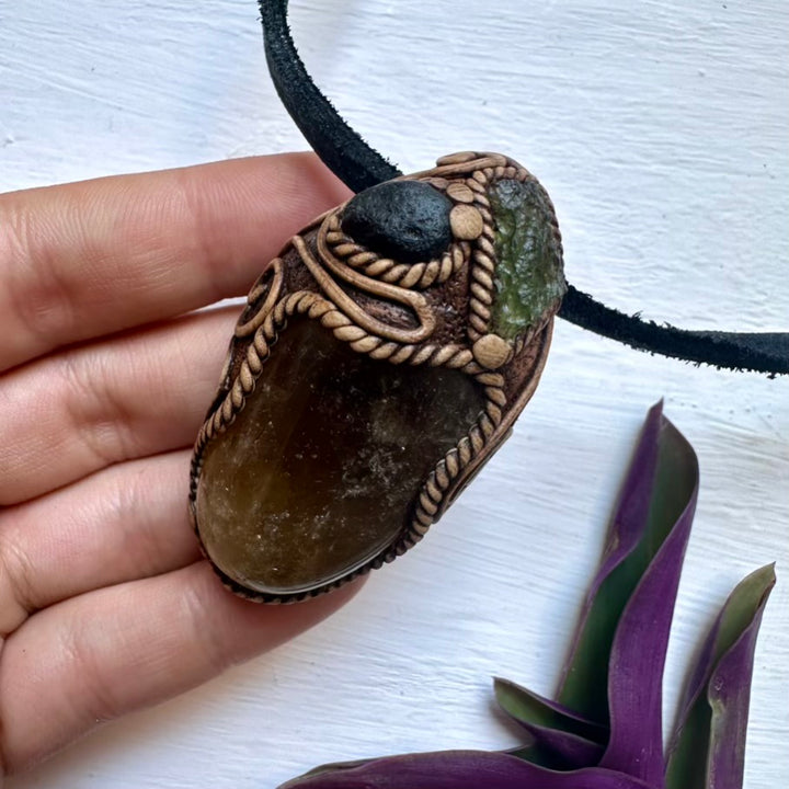 Citrine Moldavite and Black Tektite Necklace, Healing Crystal Jewelry - FairyGardenGlow
