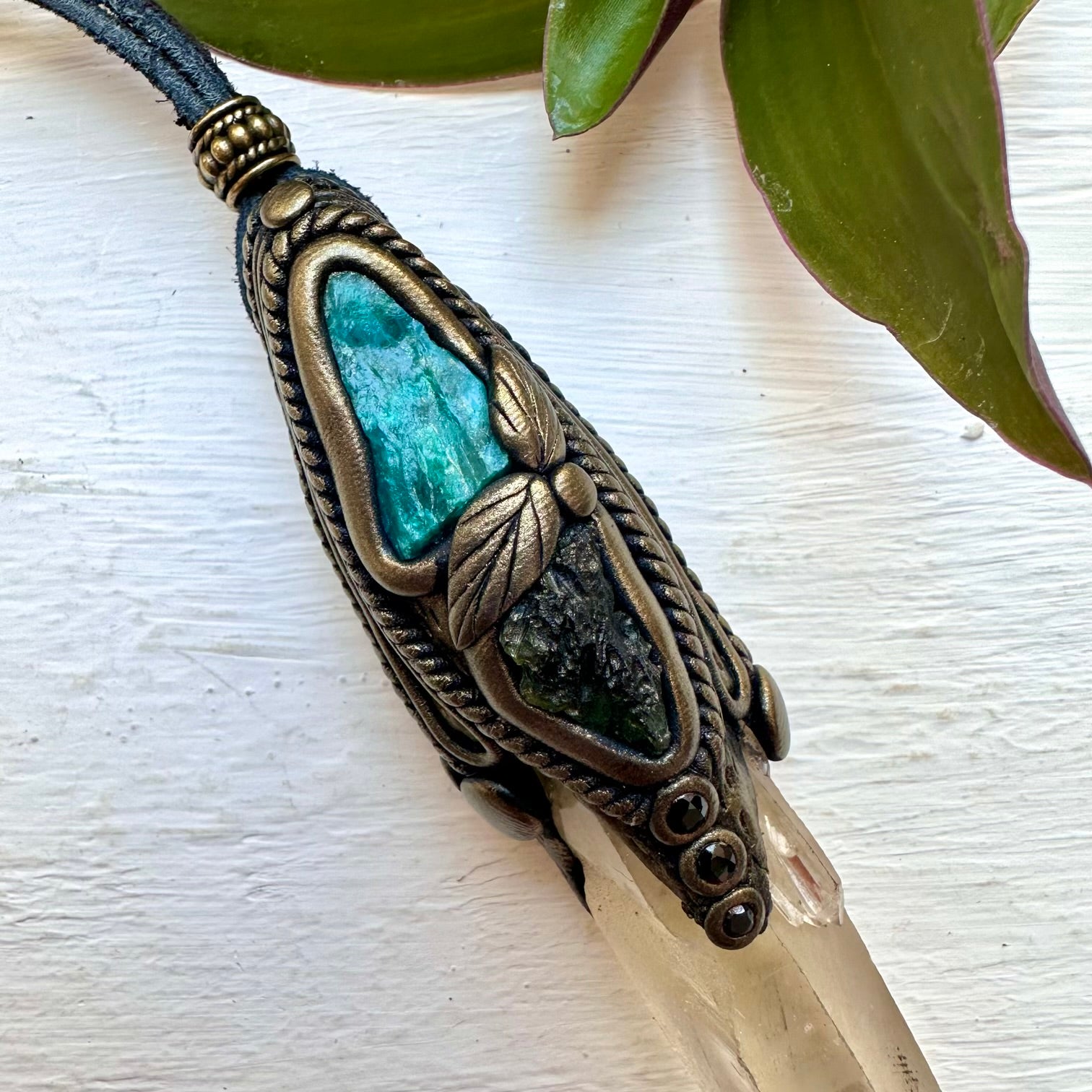 Kundalini Citrine Chrysocolla Moldavite and Blue Sapphire Wand / Pendant, Healing Crystal Tool - FairyGardenGlow