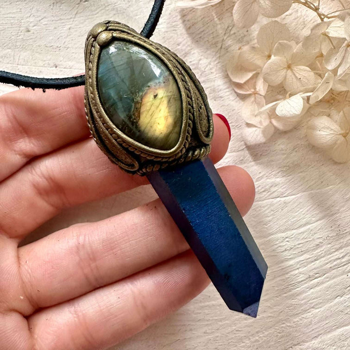 Cobalt Aura Quartz and Labradorite Necklace - FairyGardenGlow