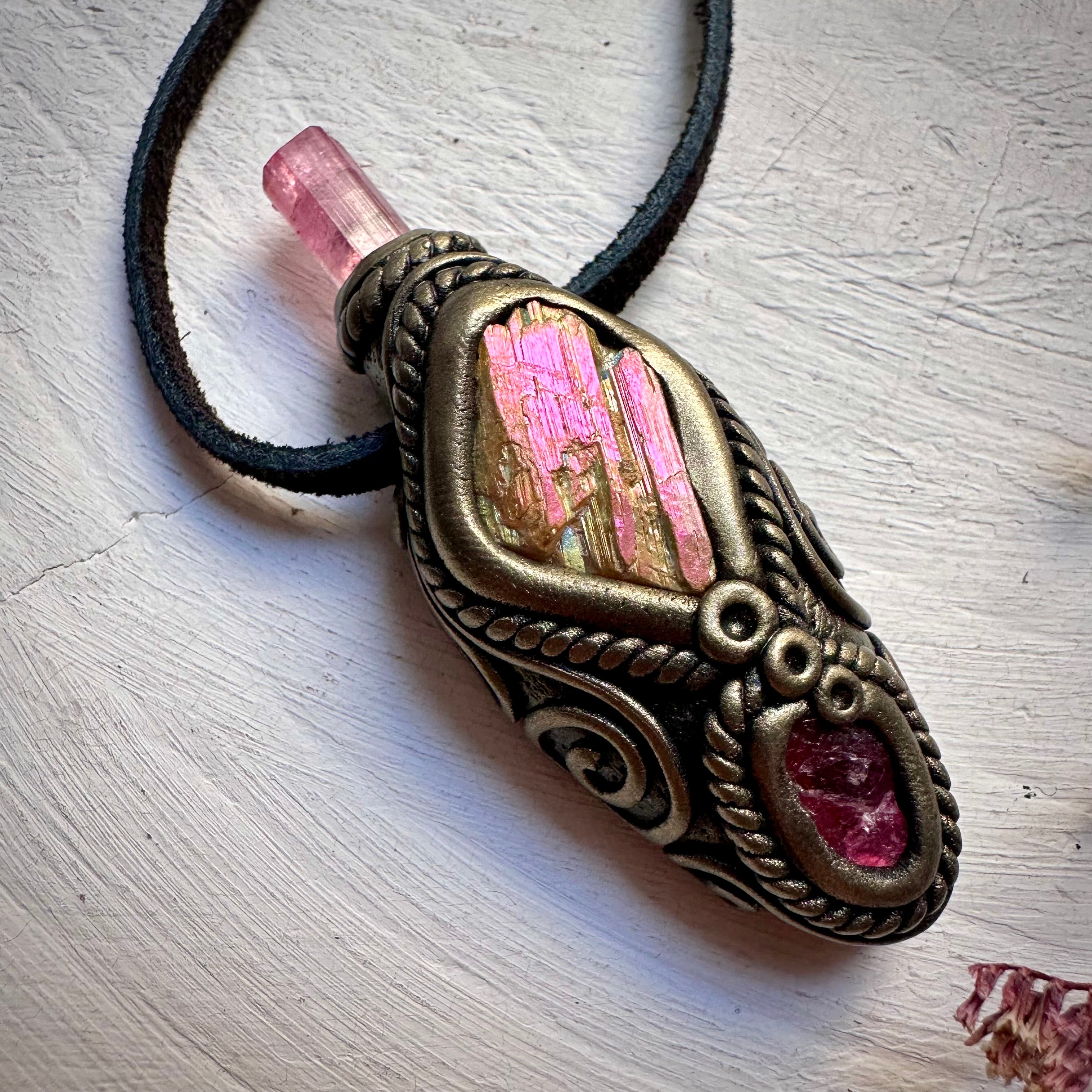 Sunset Aura Kunzite with Pink Tourmaline and Rhodonite Necklace - FairyGardenGlow