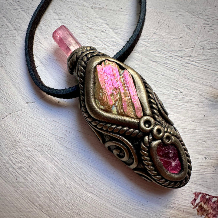 Sunset Aura Kunzite with Pink Tourmaline and Rhodonite Necklace - FairyGardenGlow