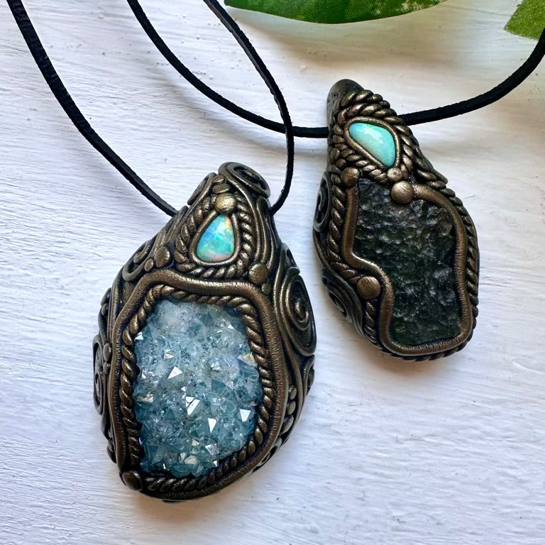 Aqua Aura Quartz Cluster and Australian Opal Necklace - FairyGardenGlow