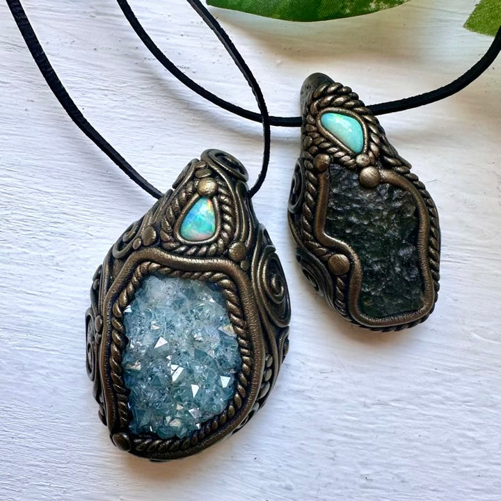 Aqua Aura Quartz Cluster and Australian Opal Necklace - FairyGardenGlow