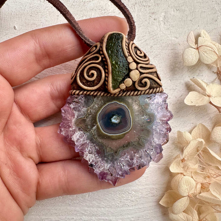 Amethyst Stalactite and Moldavite Pendant Necklace - FairyGardenGlow