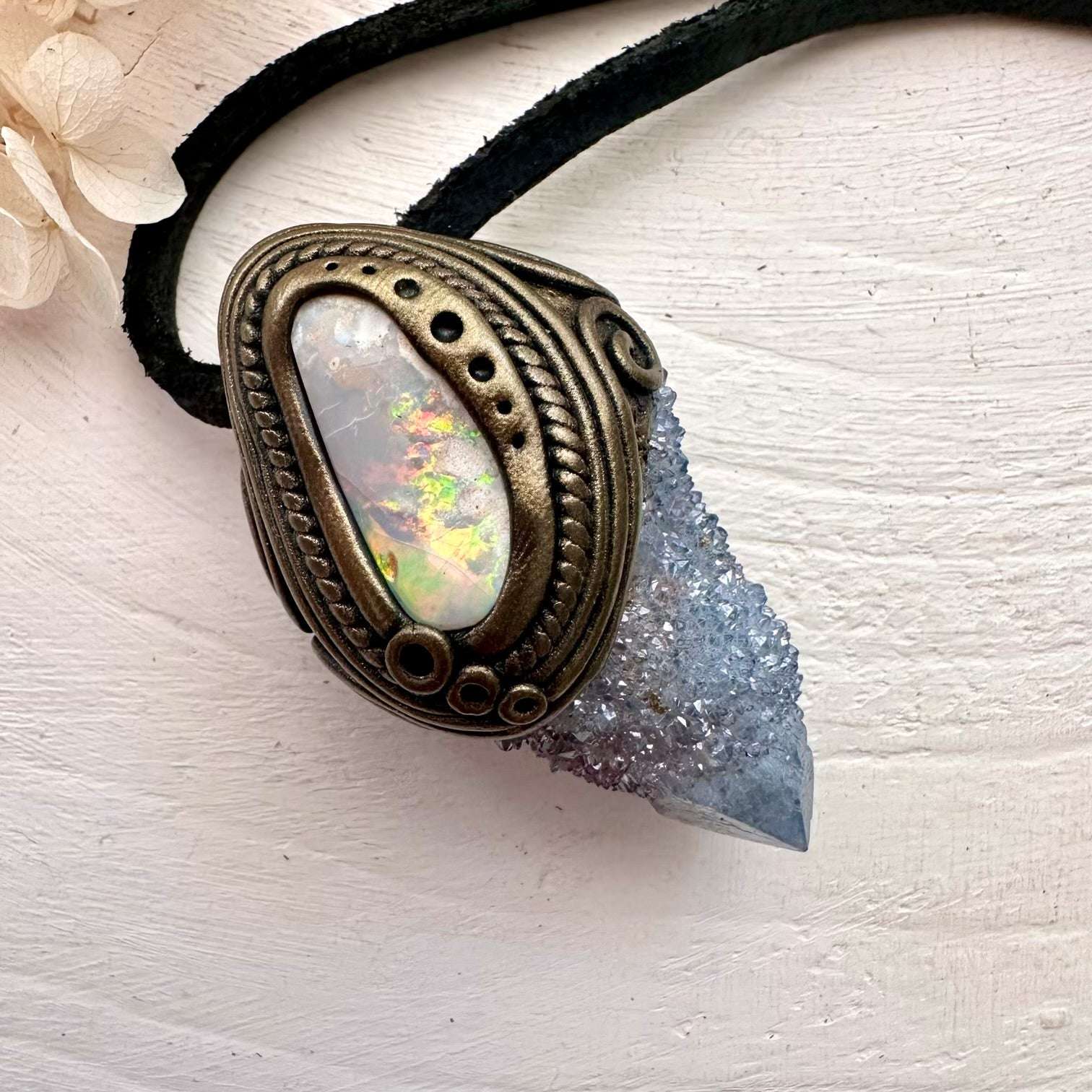 Aqua Aura Spirit Quartz and Coober Pedy Australian Opal Necklace - FairyGardenGlow
