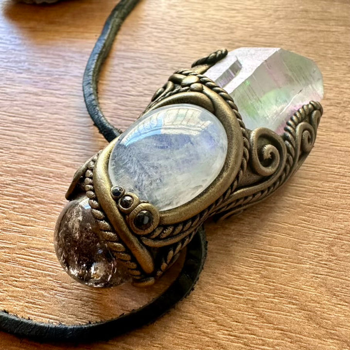 Angel Aura Quartz Smoky Quartz Sphere Moonstone and Blue Sapphire Healing Crystal Talisman - FairyGardenGlow