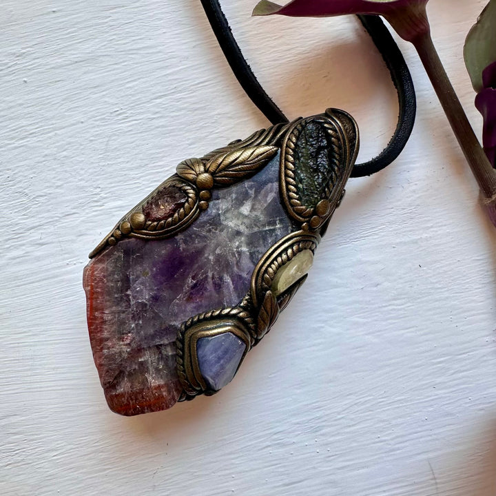 Super Seven Quartz Moldavite Tanzanite Red Garnet and Brazilianite Wand / Pendant - FairyGardenGlow