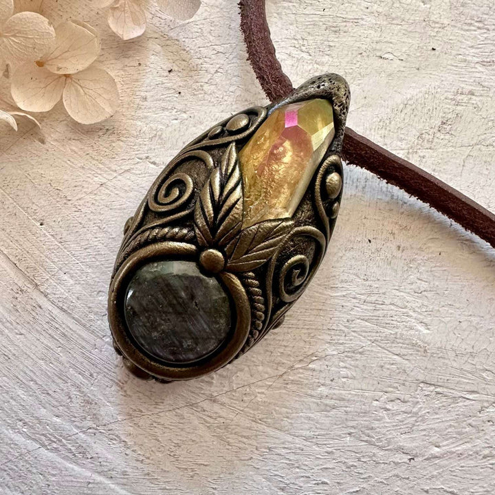 Labradorite and Sunset Aura Quartz Necklace - FairyGardenGlow