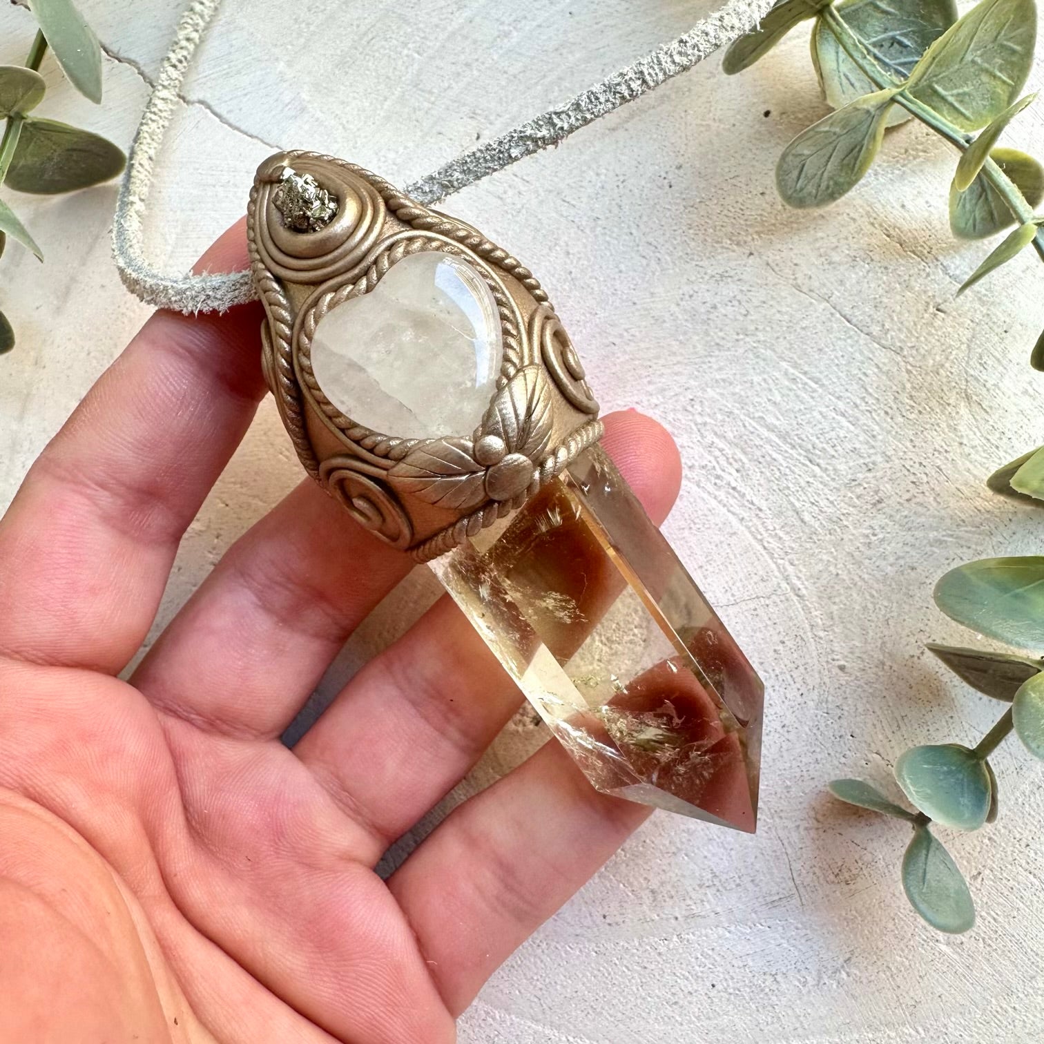 Citrine Crystal Wand Necklace with Clear Quartz Heart & Pyrite – Abundance Healing Jewelry