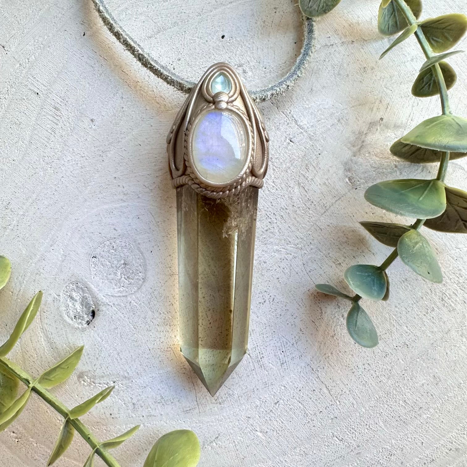 Citrine Point Wand Necklace with Rainbow Moonstone & Blue Topaz – Healing Crystal Jewelry, Spiritual Pendant