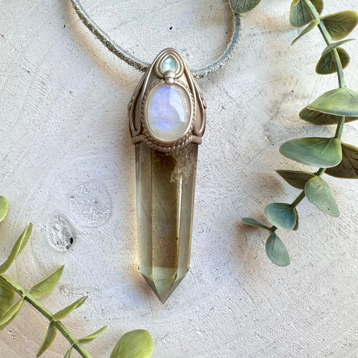 Citrine Point Wand Necklace with Rainbow Moonstone & Blue Topaz – Healing Crystal Jewelry, Spiritual Pendant