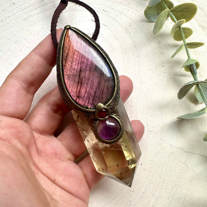 Citrine Wand Necklace with Pink Labradorite & Amethyst – Healing Crystal Pendant Jewelry