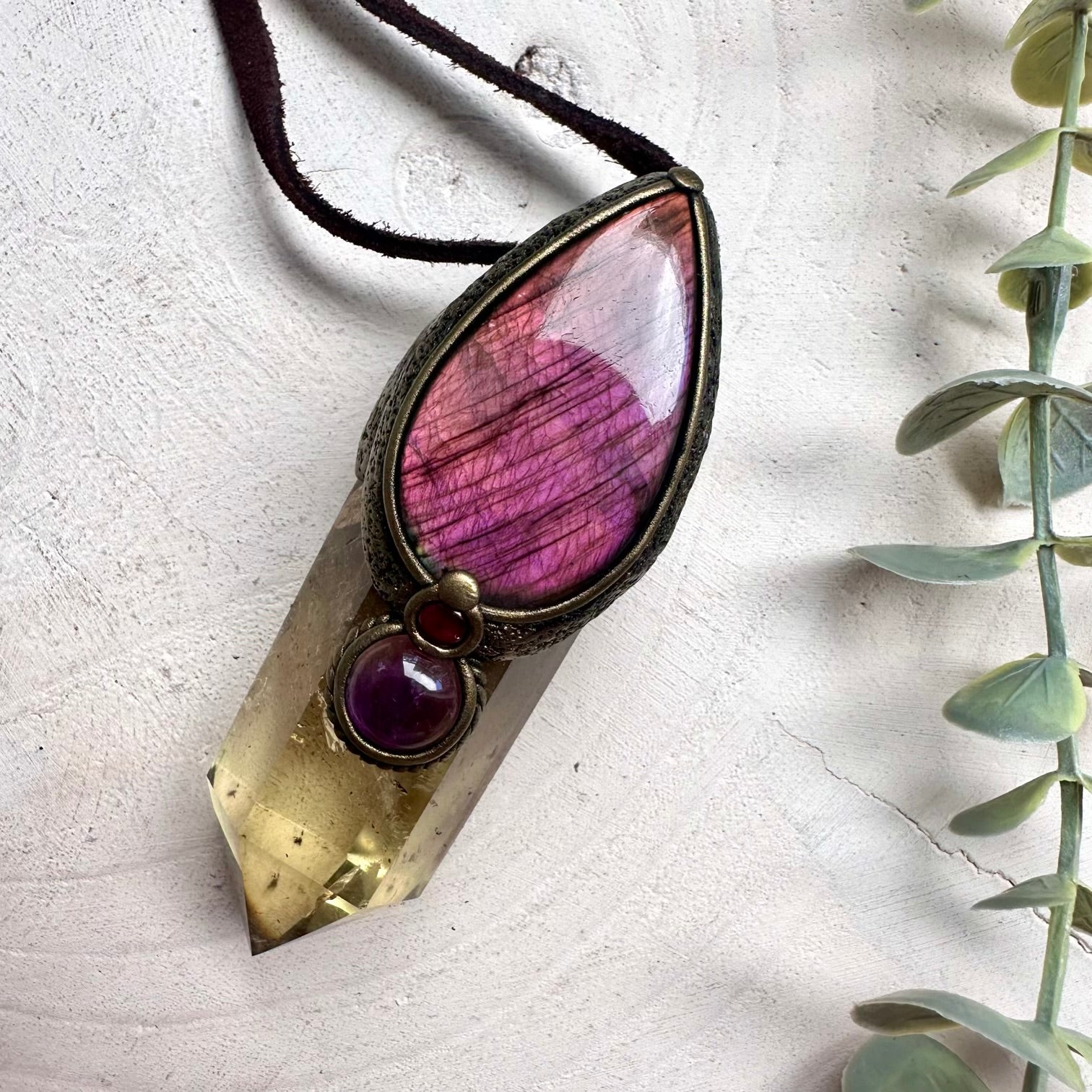 Citrine Wand Pendant Necklace with Pink Labradorite, Amethyst & Rhodolite Garnet – Healing Crystal Jewelry, Spiritual Gemstone Necklace