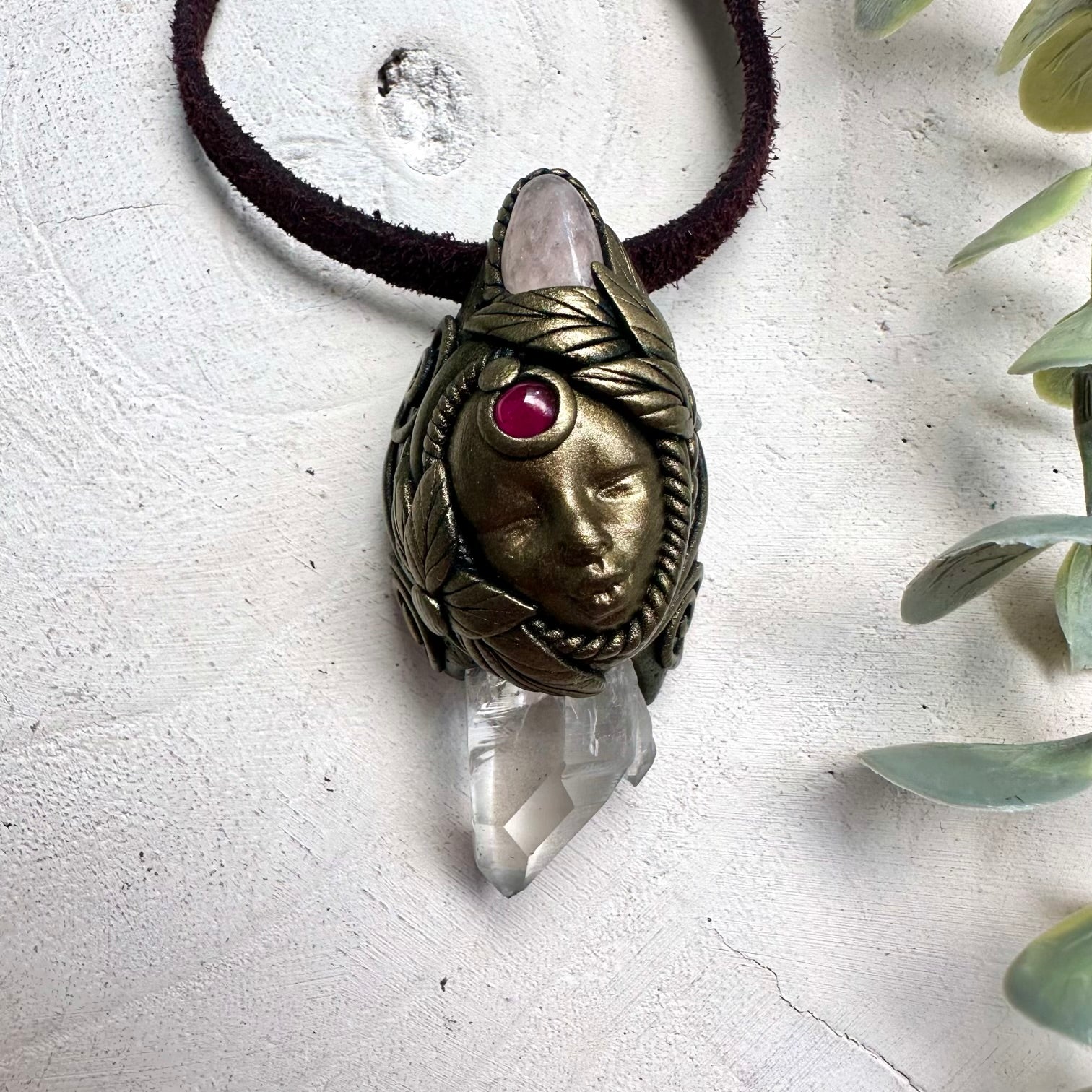 Clear Quartz Goddess Necklace with Morganite & Rhodolite Garnet – Spiritual Crystal Jewelry