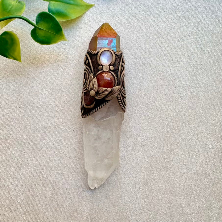 Raw Crystal Wand, Clear Quartz with Sunset Aura Quartz, Moonstone, Sunstone and Red Garnet - FairyGardenGlow