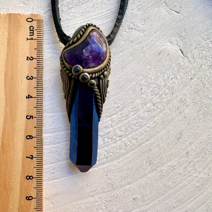 Cobalt Aura Quartz pendant with crescent Amethyst moon and Sapphire