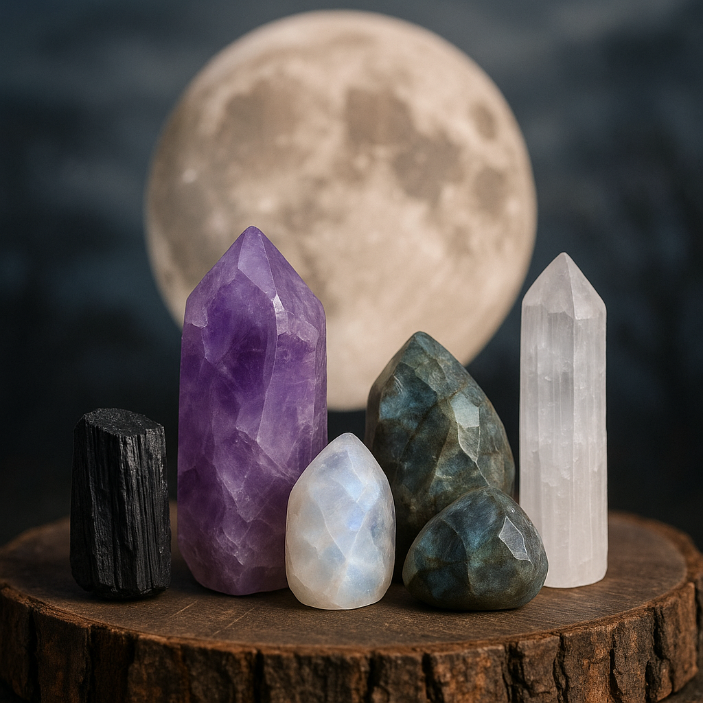 crystal collection with amethyst tourmaline moonstone labradorite and selenite