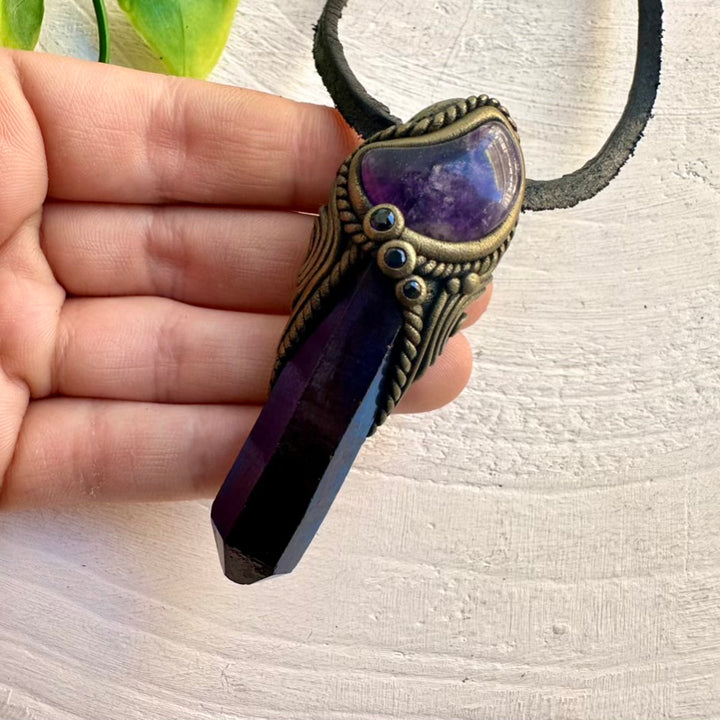 Crystal moon pendant with Cobalt Aura Quartz and Sapphire stones