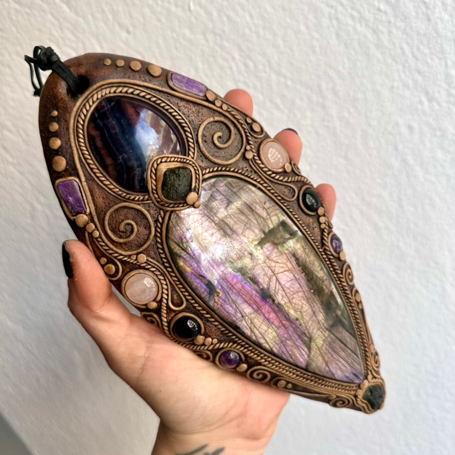 Crystal wall hanging with Purple-Gold Labradorite and Moldavite