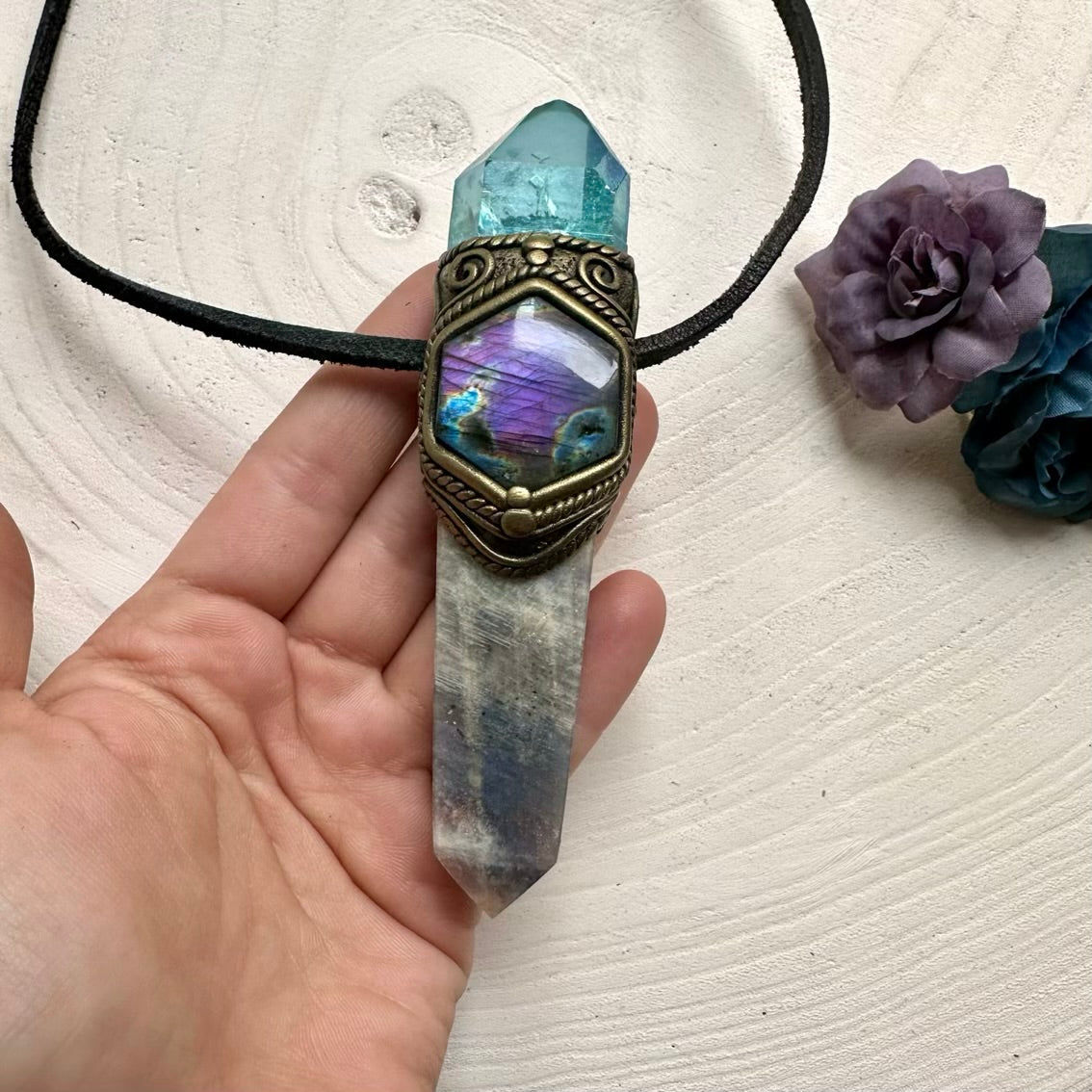 Crystal wand necklace with aqua aura quartz, purple labradorite and rainbow moonstone