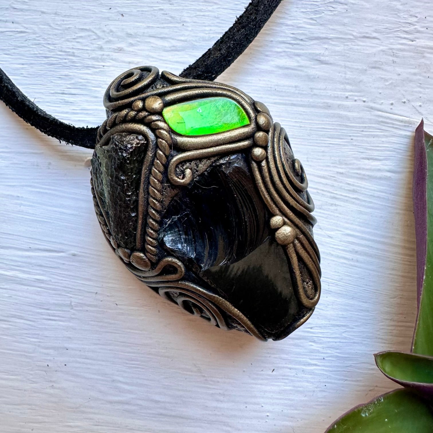 Black Obsidian Raw Moldavite and Green Ammolite Necklace, Healing Crystal Jewelry